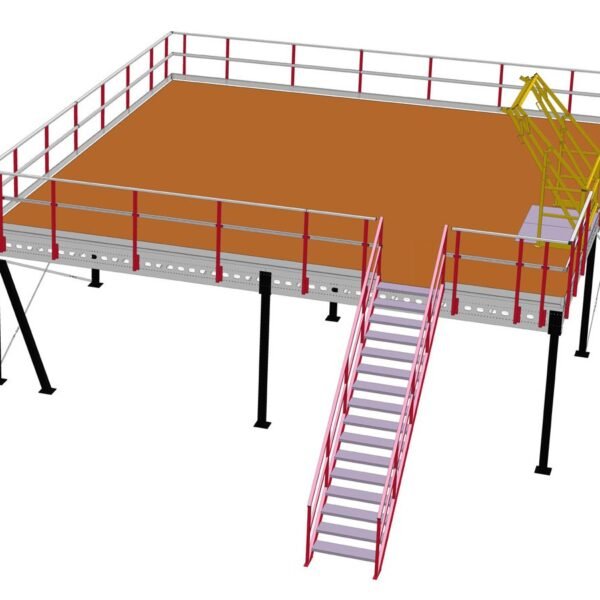 Plateforme de stockage 7x7m, capacité de charge 500 kg/m², avec escaliers, garde-corps et point de transfert
